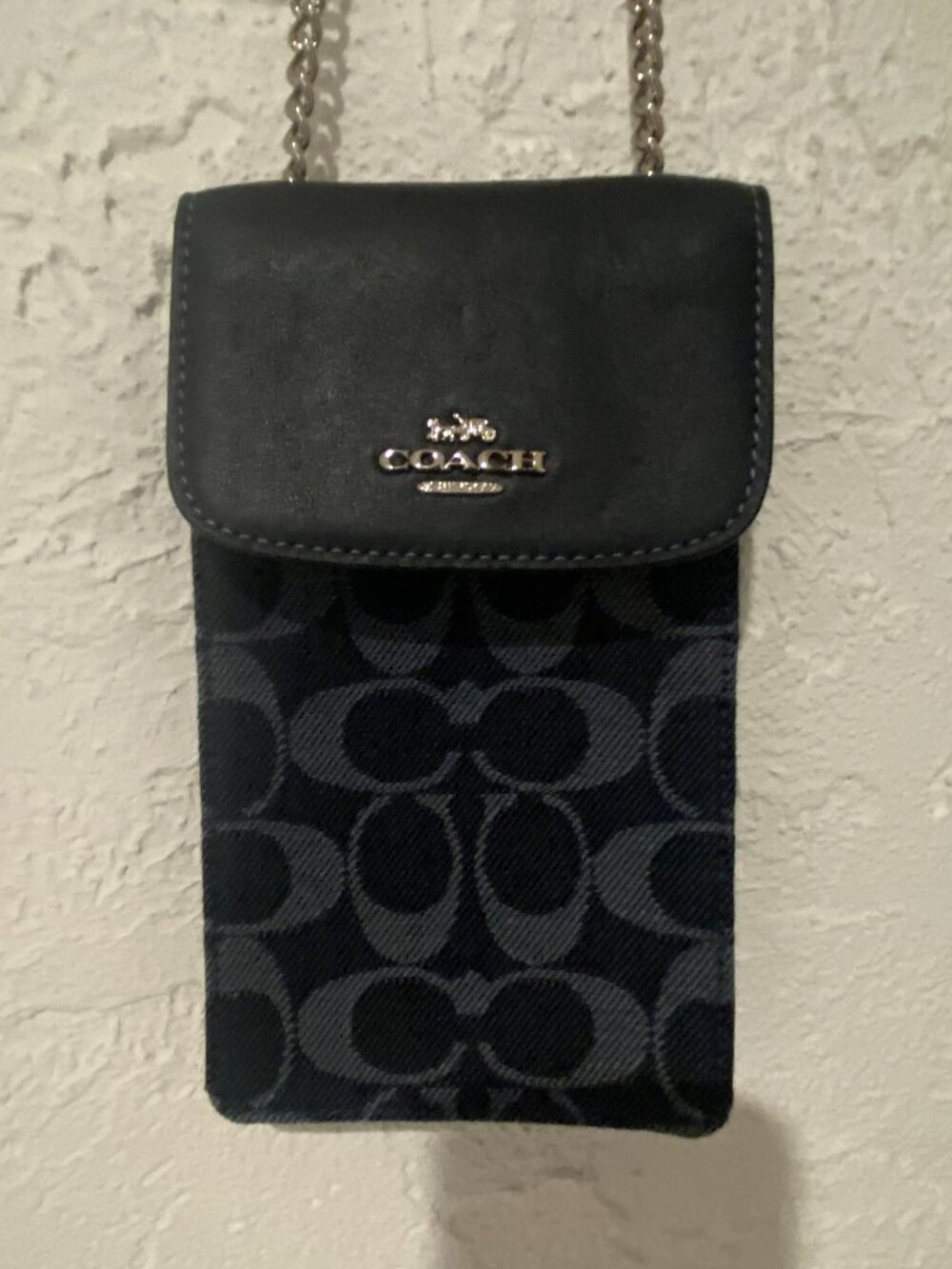 COACH Signature Denim Phone Crossbody Pouch Chain Strap Black - Picture 8 of 15